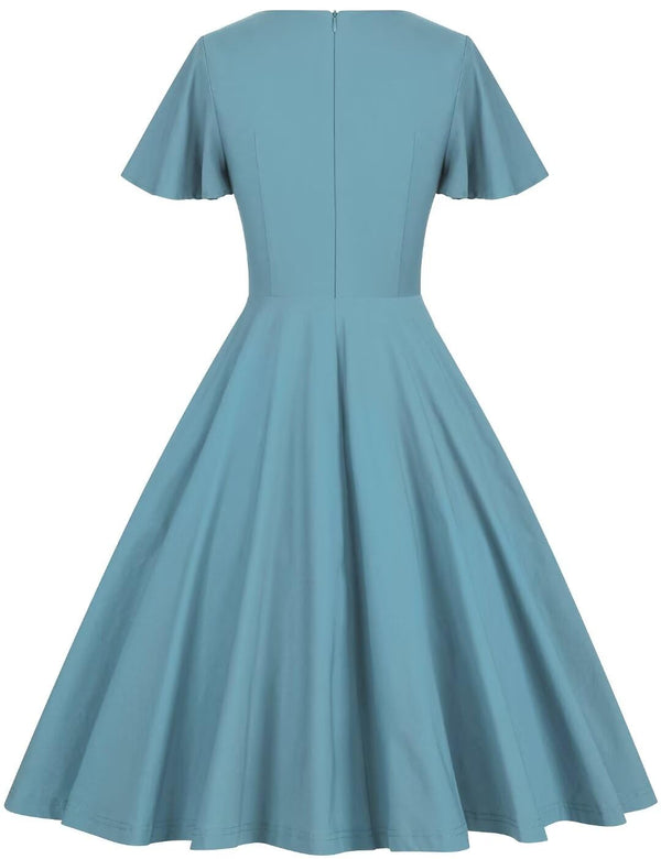 50s Scoop Collar Butterfly Sleeve 702 Blue Rockabilly Swing Dress With Pockets