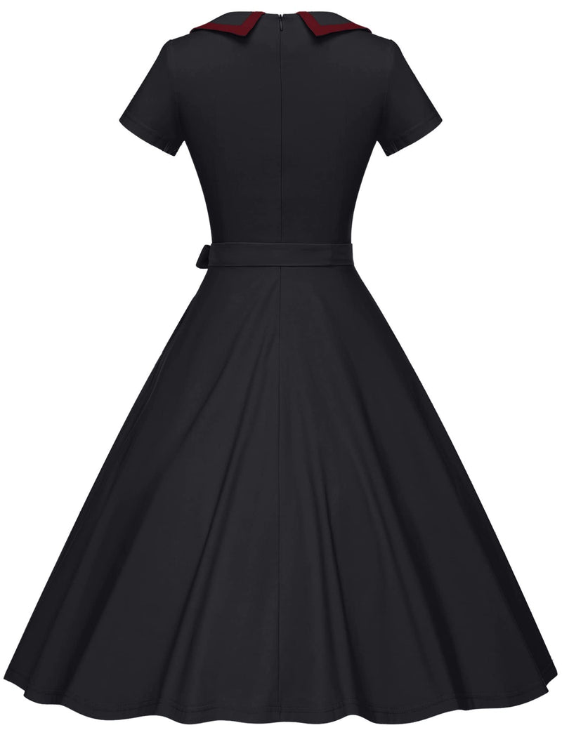 50s  Women`s Retro Dress Black Peter Pan Collar Swing Dress With Pockets - Gowntownvintage