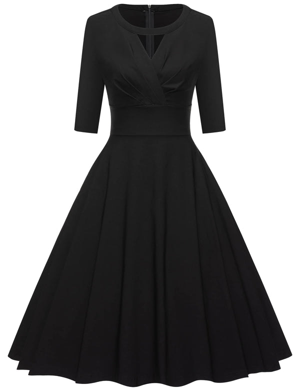 50s Women`s Long Sleeve Round Neckline Keyhole Vintage Party Dress - Gowntownvintage