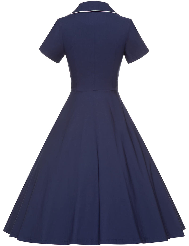 40s 50s Vintage Women`s  Dark Blue Lapel Collar  Vneckline Shirt Dress With Pockets