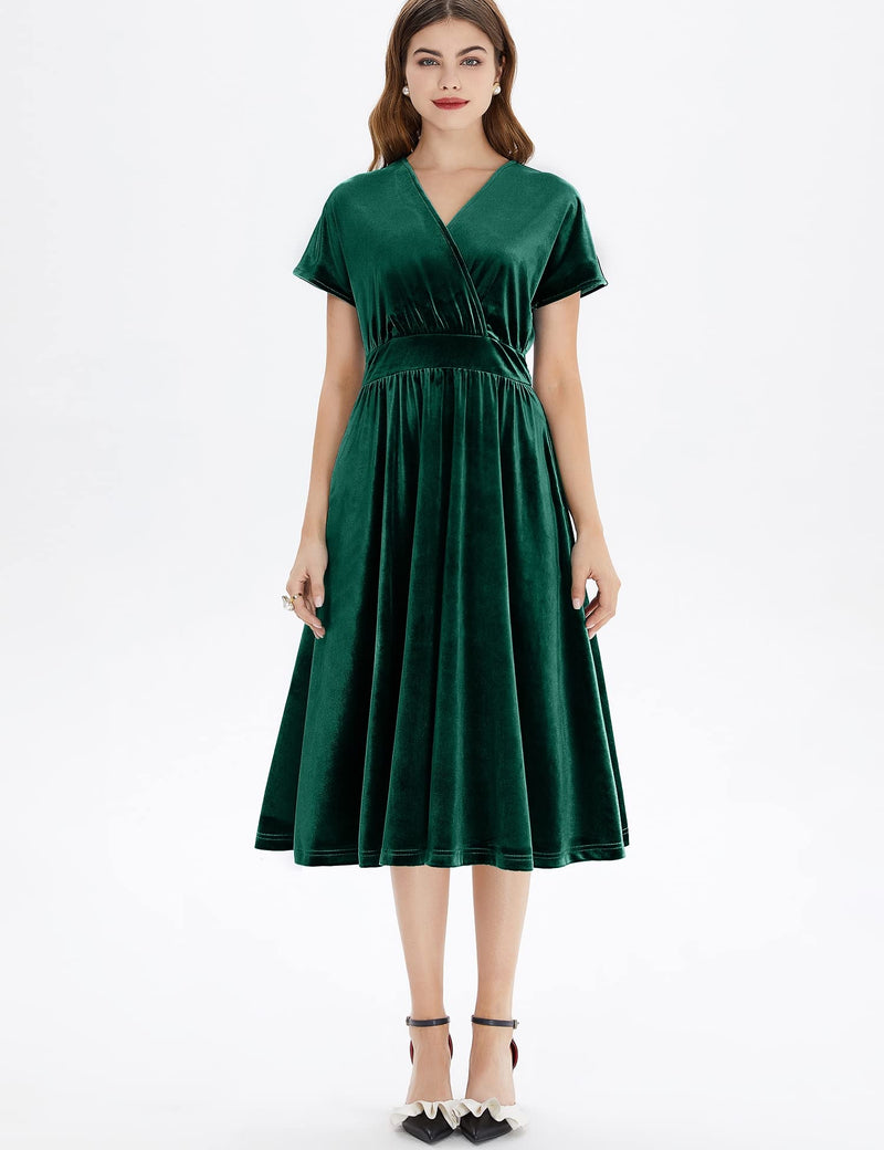 Women`s 50s Vintage Green  Velvet Swing Dress With Pockets