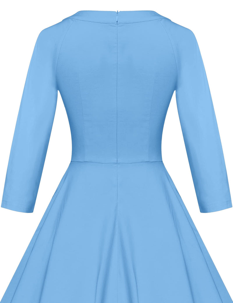 50s Women`s  Lightblue O neckline Front Bowknot Tie Swing Dress With Pockets - Gowntownvintage