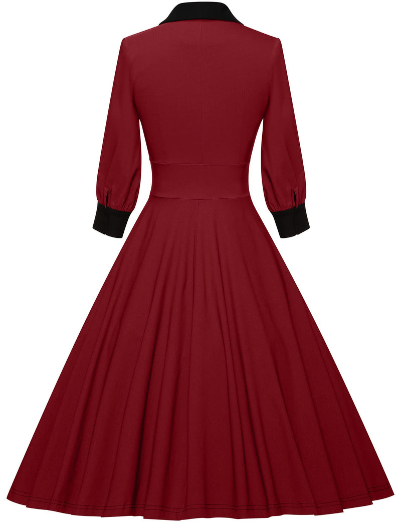 40s Vintage Women`s Darkred Shawl Collar Vneckline Shirtwaist Swing Dress With Pockets - Gowntownvintage