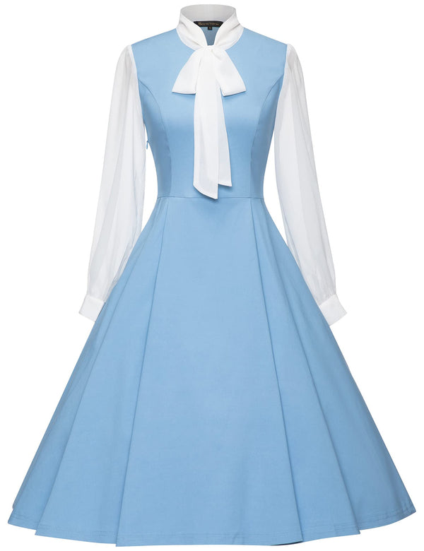 Chiffon Sleeve Bowknot Neckline Swing Dress With Pockets