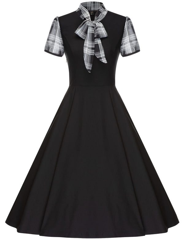 Women`s 1950s Black&Ivory Chiffon Short sleeve Fit&Flare Dress With Pockets