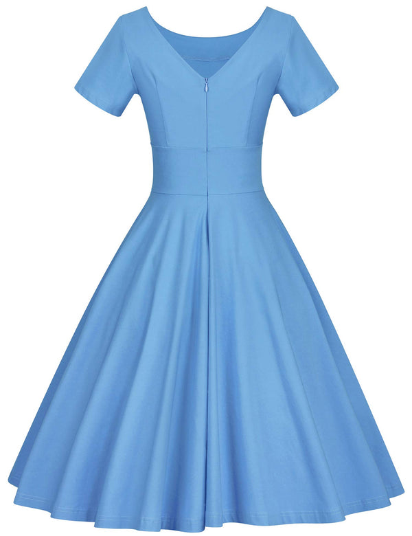 50s Women`s Scoop Collar Light Blue Dress With Pockets - Gowntownvintage