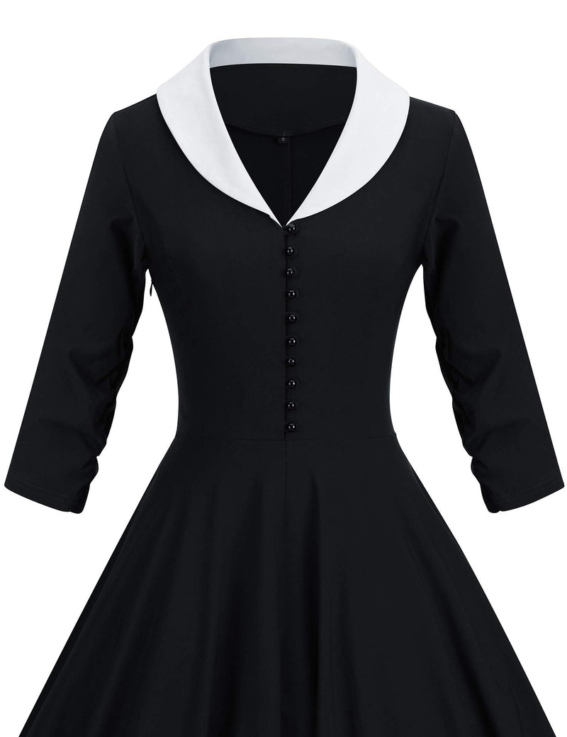 40s 50s Vintage Women`s  Black Shawl Collar Vneckline Shirt Dress With Pockets