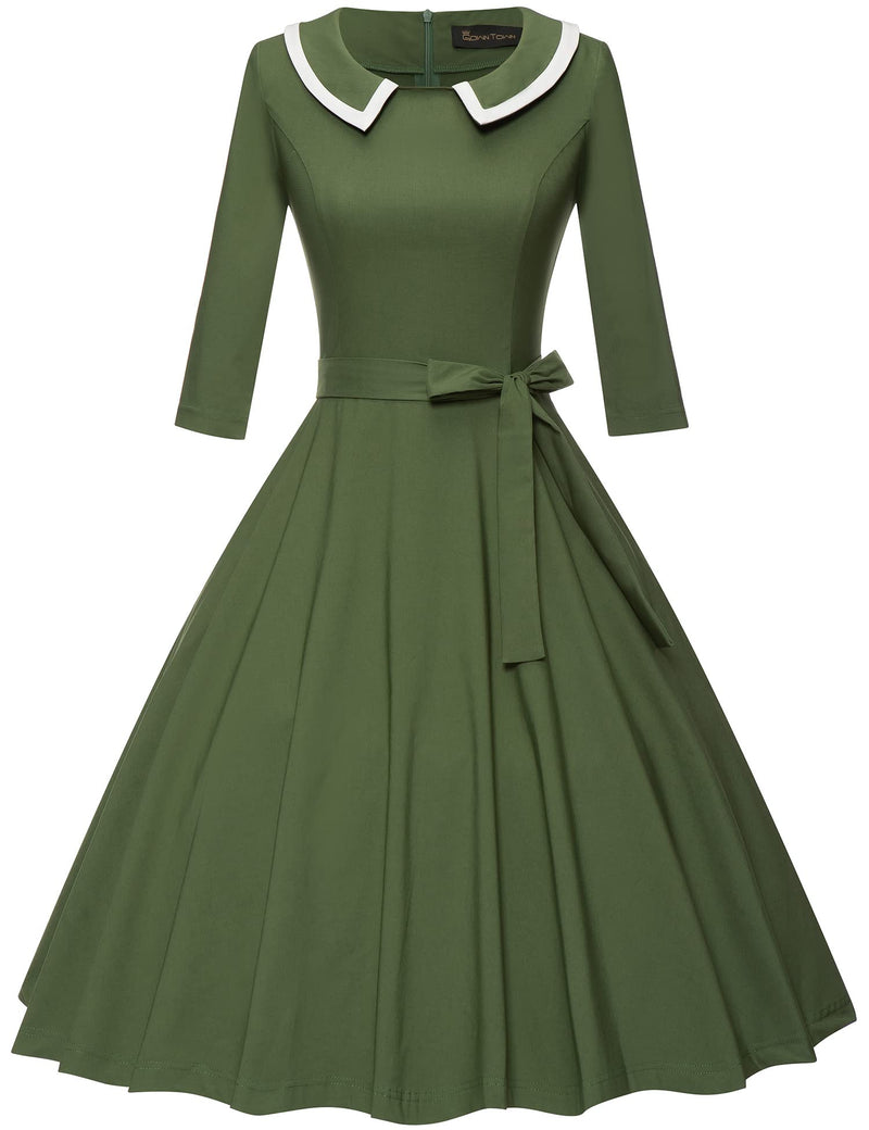 50s Women`s  Armygreen Peter Pan Collar Party Dress With Pockets - Gowntownvintage