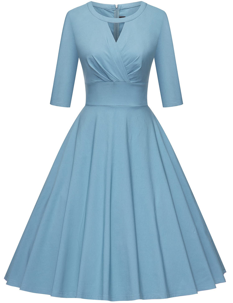 Keyhole Round Neckline Long Sleeved  Blue Swing Dress With Pockets