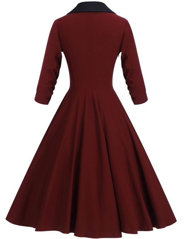 40s 50s Vintage Women`s  Darkred Shawl Collar Vneckline Shirtwaist  Dress With Pockets