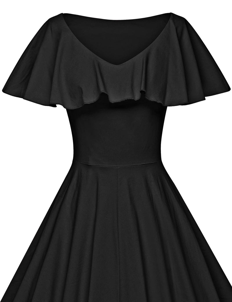 1950s  Black Retro Ruffle Collar Swing Dress With Pockets - Gowntownvintage