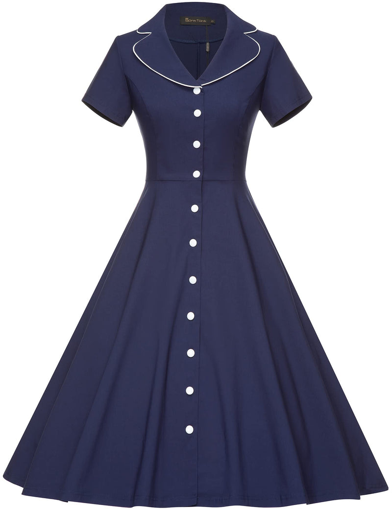 40s 50s Vintage Women`s  Dark Blue Lapel Collar  Vneckline Shirt Dress With Pockets