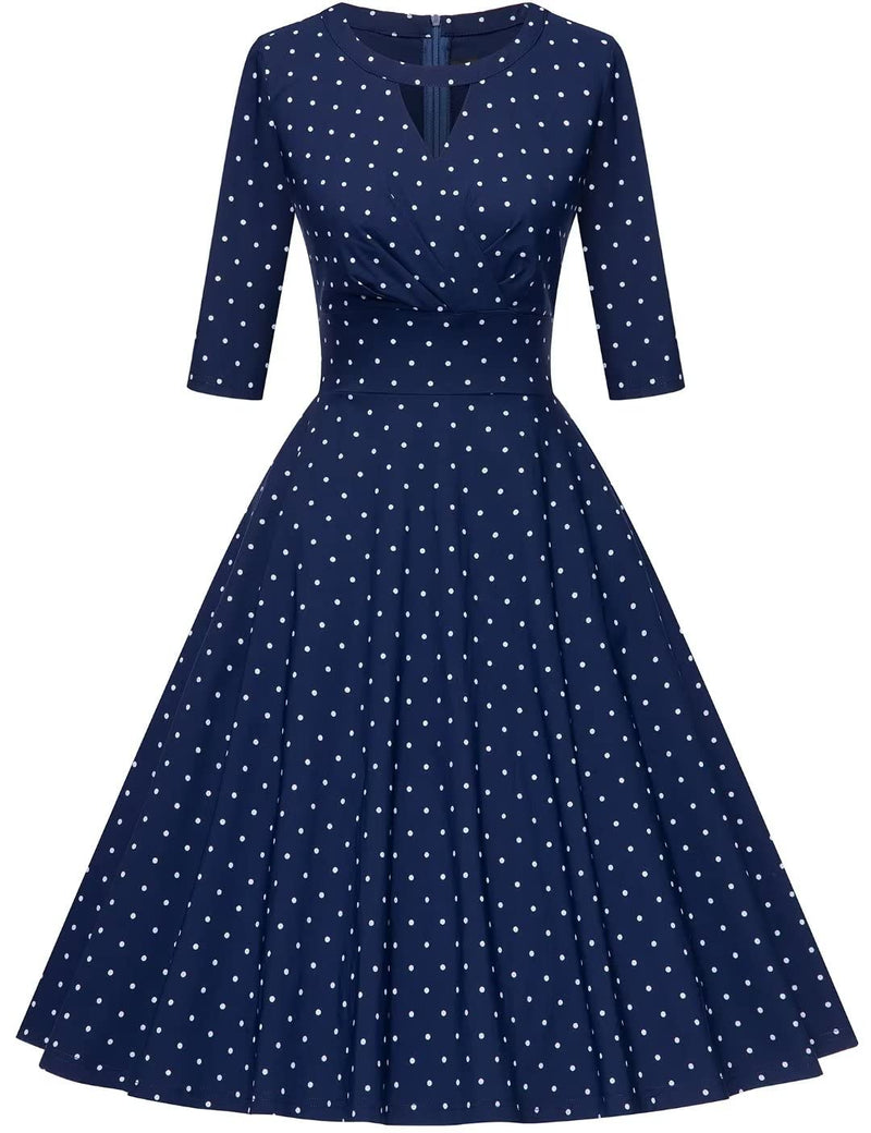 50s polka dots keyhole long sleeve swing dress 