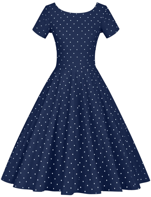 50s Women`s Scoop Collar Darkbluedot  Dress With Pockets - Gowntownvintage