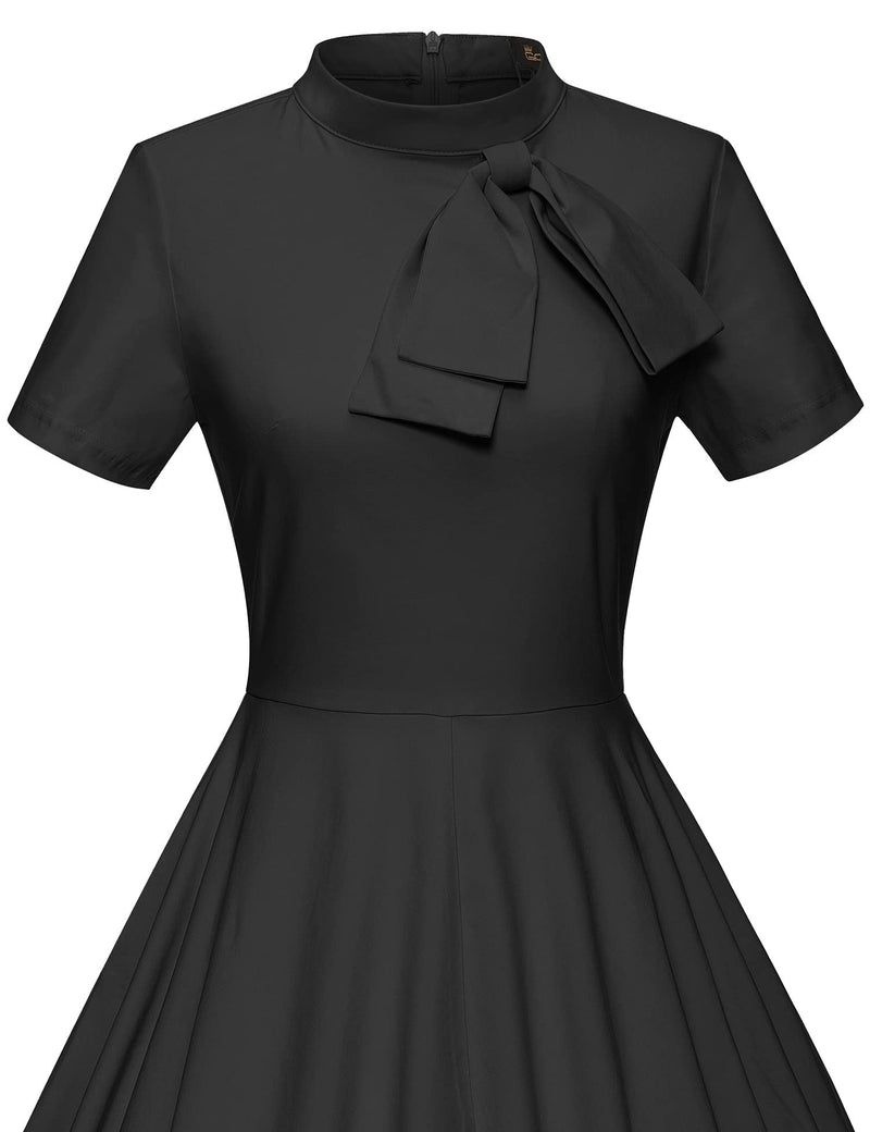 GownTown 50s Black  Retro Stand Collar  With Fixed Bowknot   Retro Rockabilly  Party Swing Dress With Pockets