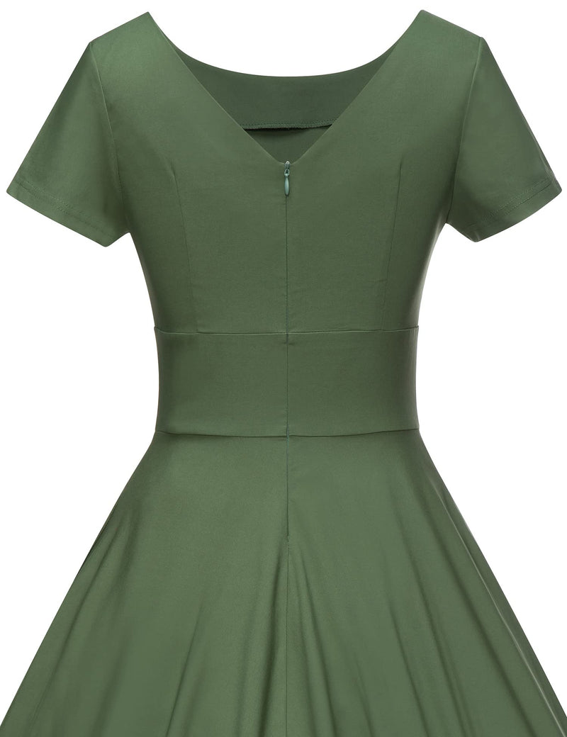 50s Women`s Scoop Collar Armygreen Audrey Hepburn Style Swing Dress With Pockets - Gowntownvintage