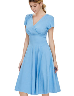 50s  Lightblue Faux Wrap Top Vneckline Retro Party Swing Dress With Pockets