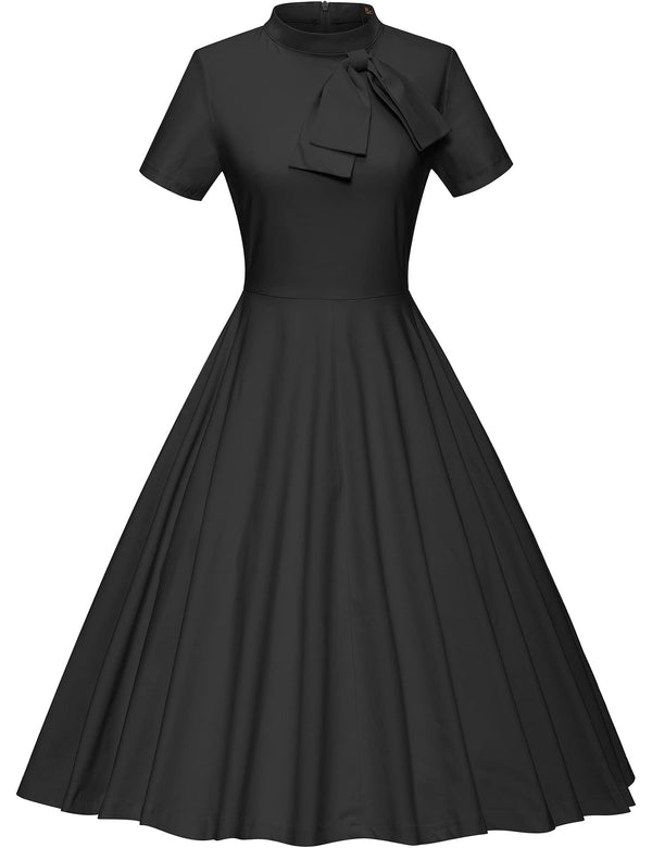 GownTown 50s Black  Retro Stand Collar  With Fixed Bowknot   Retro Rockabilly  Party Swing Dress With Pockets