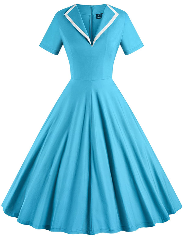 Women`s 50s SkyBlue  Vneckline  Vintage Party Dress With Pockets