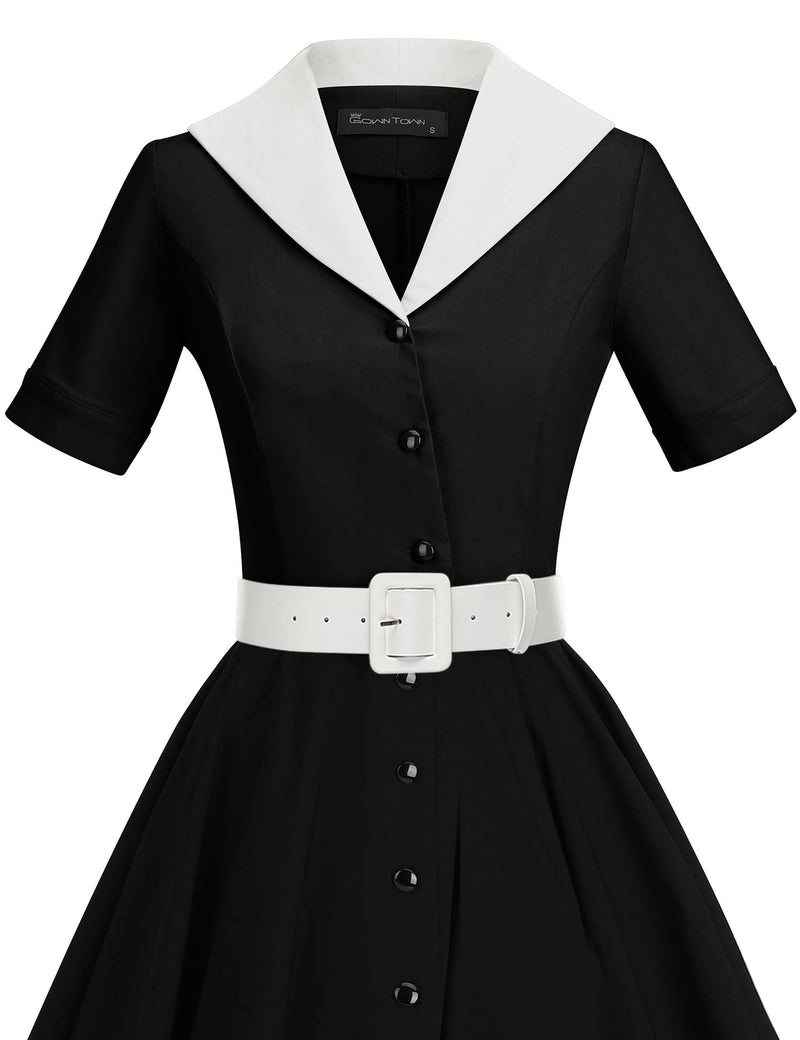 50s Lapel Collar Vneckline  Black Shirtwaist Vintage Dress With Belts&Pockets - Gowntownvintage