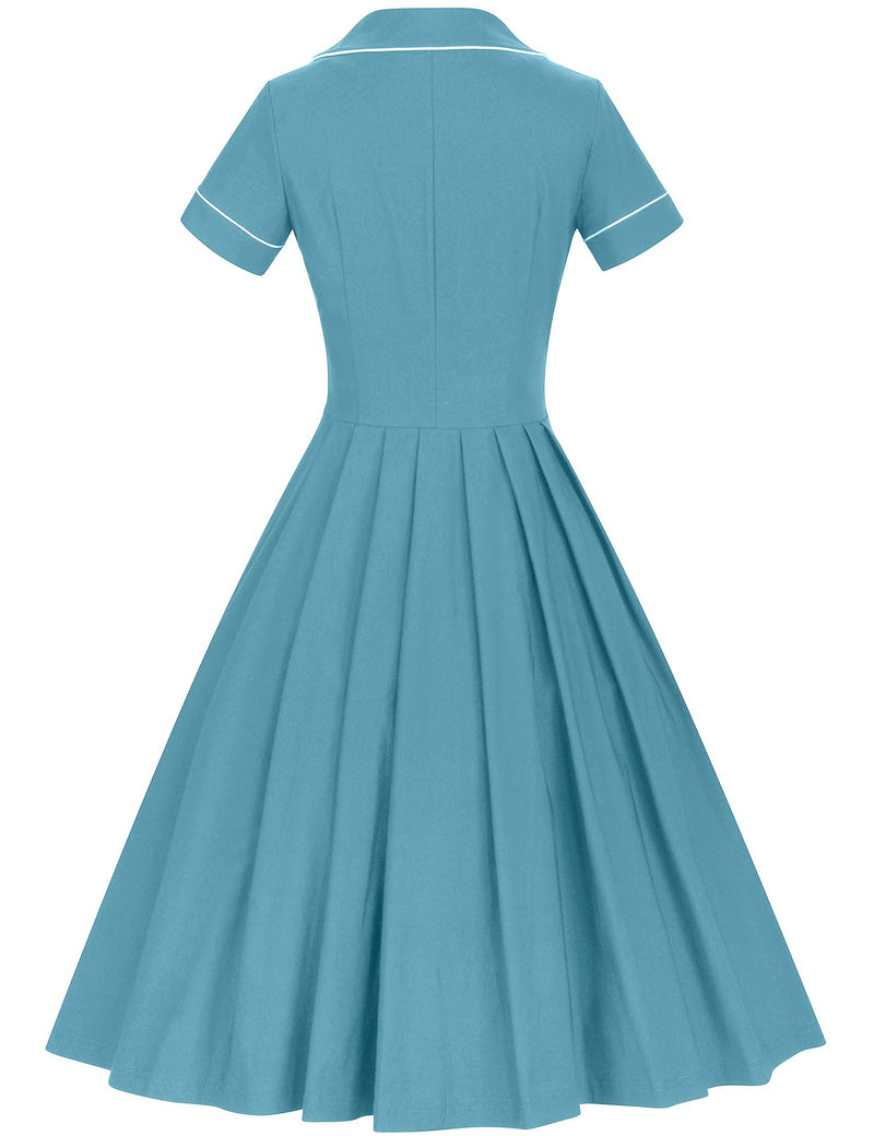 40s 50s Vintage Women`s  Aqua Blue Lapel Collar  Vneckline Shirt Dress With Pockets - Gowntownvintage