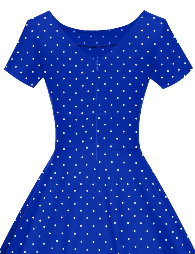 50s Women`s Scoop Collar Audrey Hepburn Style Royal Blue With White Dot Swing Dress With Pockets - Gowntownvintage