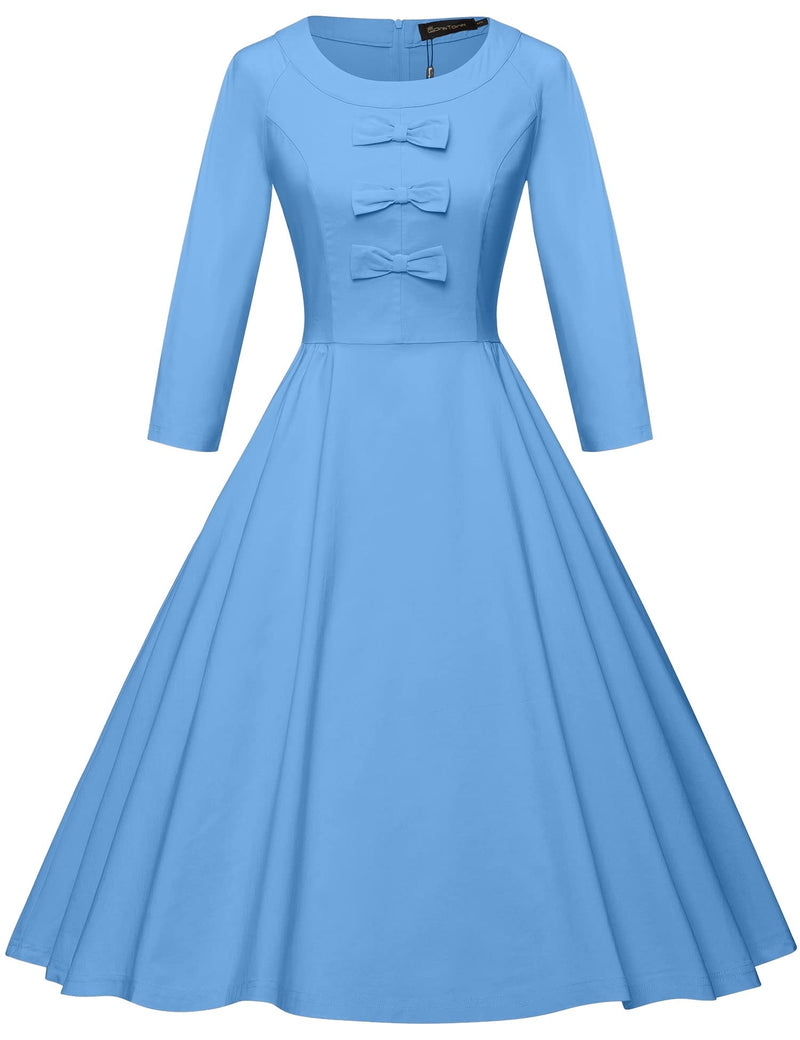 50s Women`s  Lightblue O neckline Front Bowknot Tie Swing Dress With Pockets - Gowntownvintage