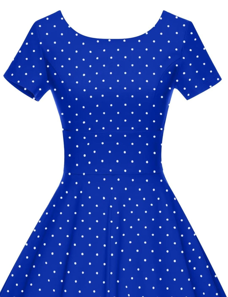 50s Women`s Scoop Collar Audrey Hepburn Style Royal Blue With White Dot Swing Dress With Pockets - Gowntownvintage