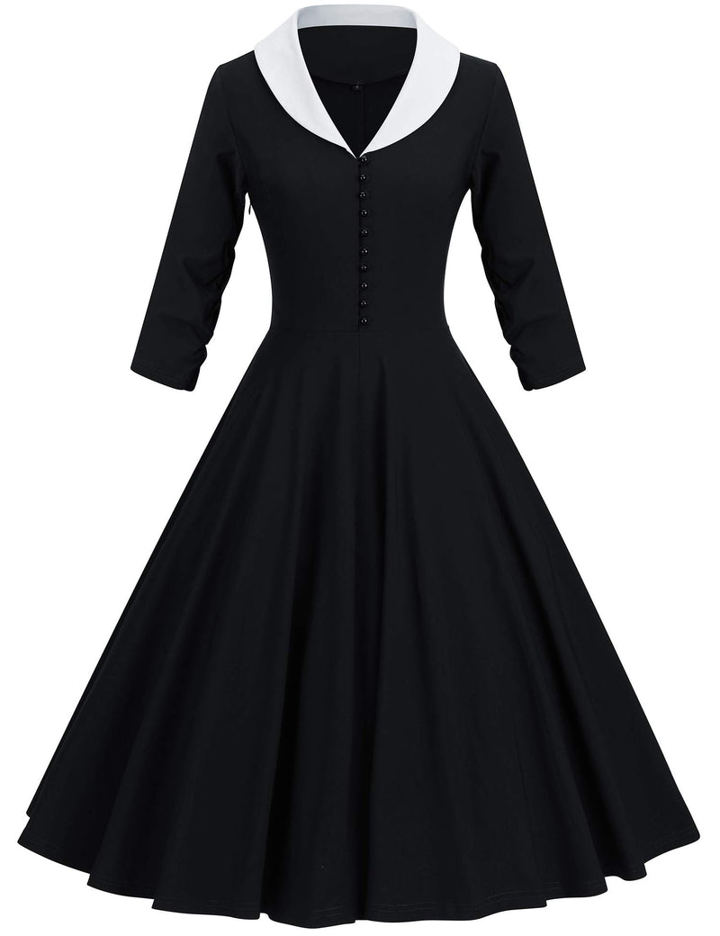 40s 50s Vintage Women`s  Black Shawl Collar Vneckline Shirt Dress With Pockets