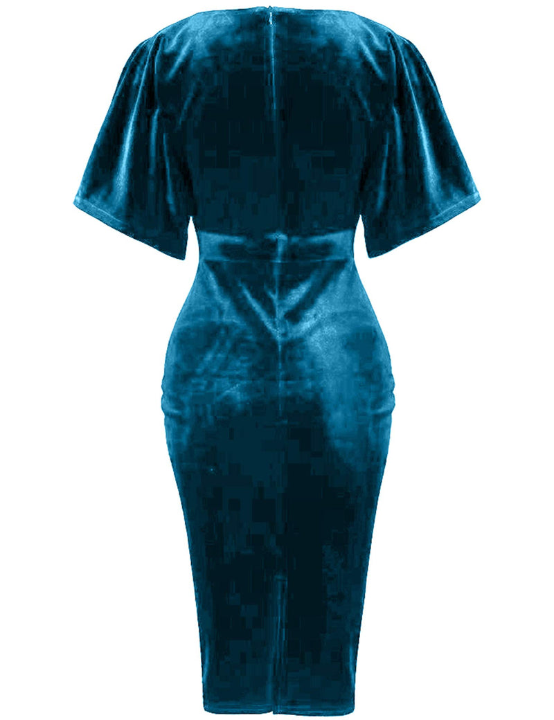 Women`s 1950s Vintage  Velvet Aqua blue Pencil Dress With Pockets - Gowntownvintage