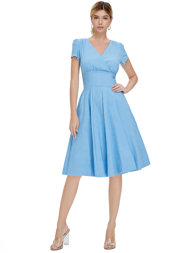 50s  Lightblue Faux Wrap Top Vneckline Retro Party Swing Dress With Pockets