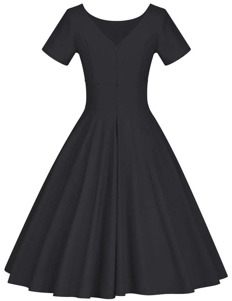 50s Women`s Scoop Collar Audry Hepburn Style Black Swing Party Dress With Pockets - Gowntownvintage