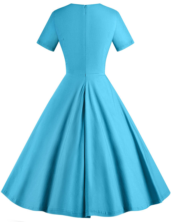 Women`s 50s SkyBlue  Vneckline  Vintage Party Dress With Pockets