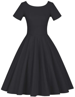 50s Women`s Scoop Collar Audry Hepburn Style Black Swing Party Dress With Pockets - Gowntownvintage