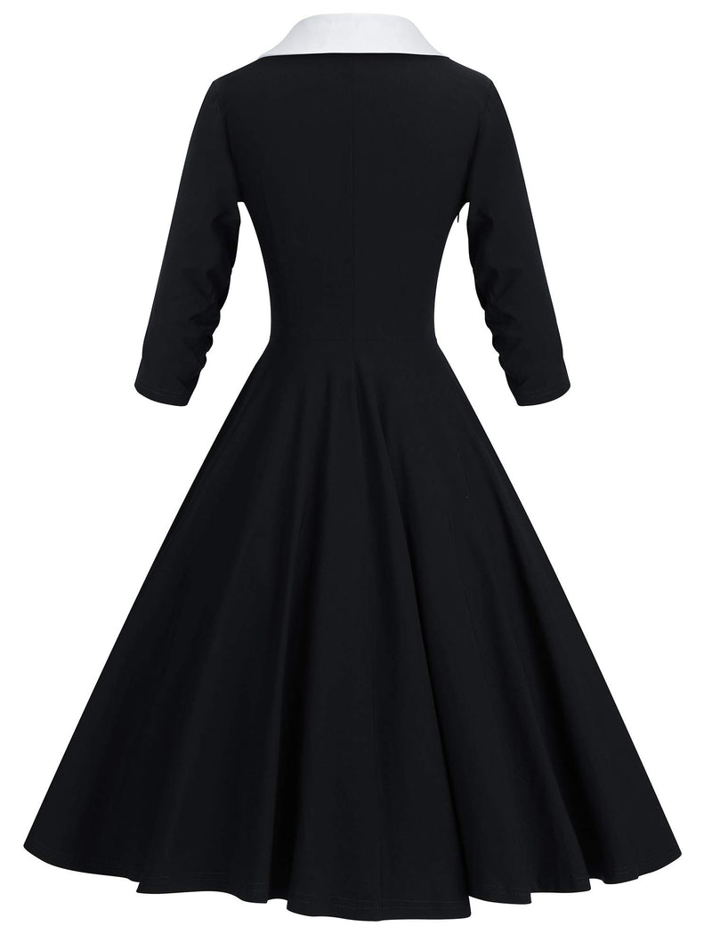 40s 50s Vintage Women`s  Black Shawl Collar Vneckline Shirt Dress With Pockets