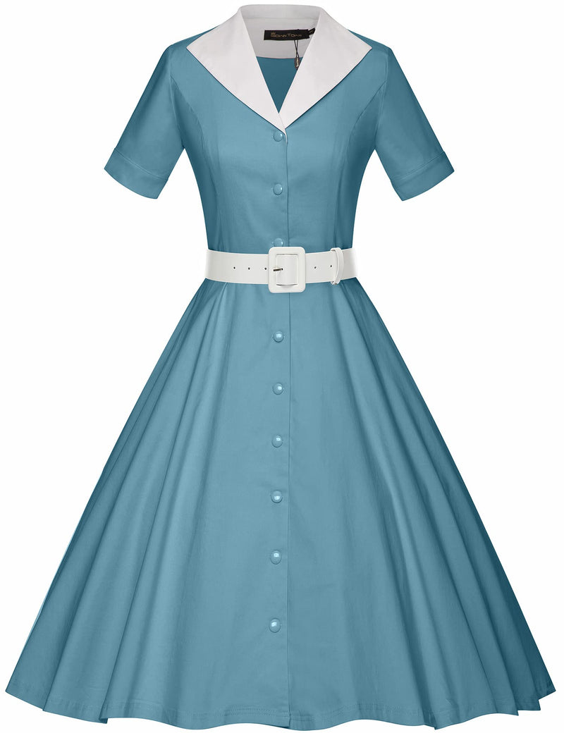 50s Lapel Collar Vneckline Aquablue Shirtwaist Vintage Dress With Belts&Pockets - Gowntownvintage