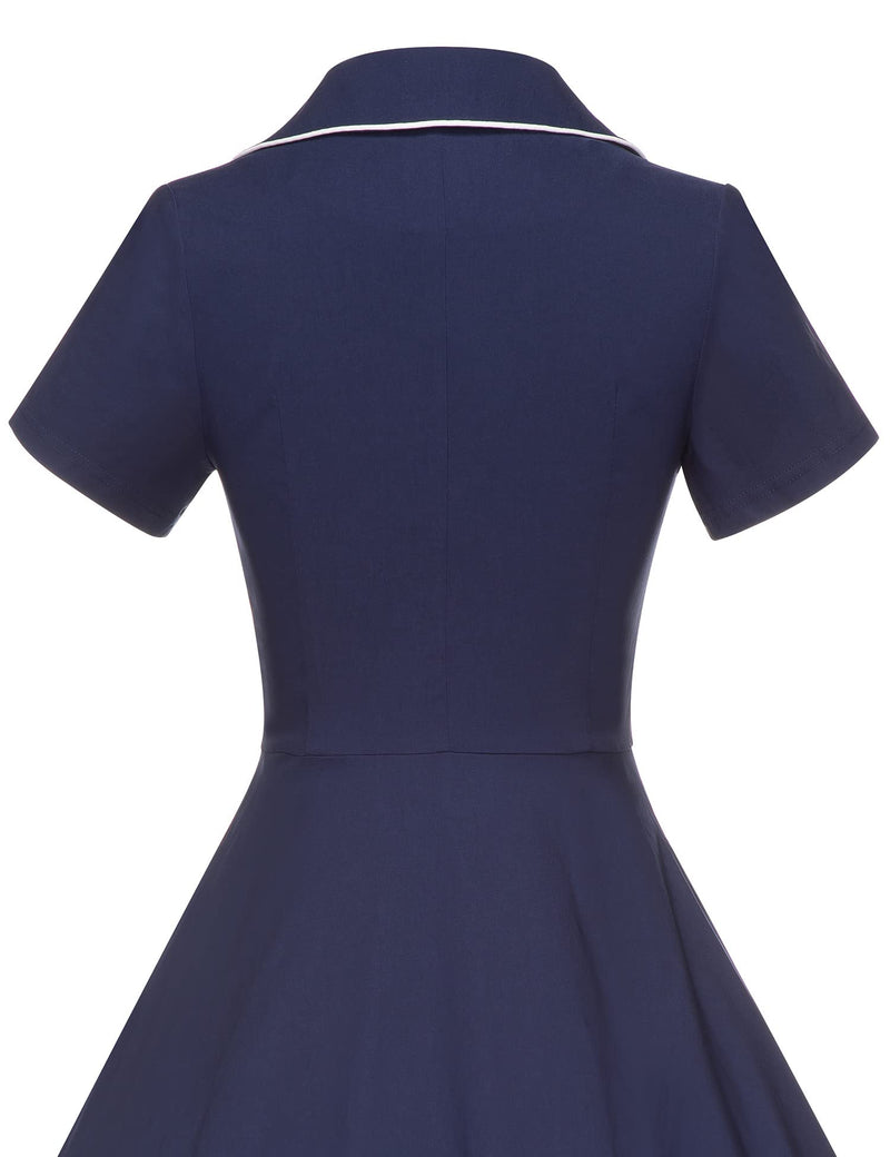 40s 50s Vintage Women`s  Dark Blue Lapel Collar  Vneckline Shirt Dress With Pockets