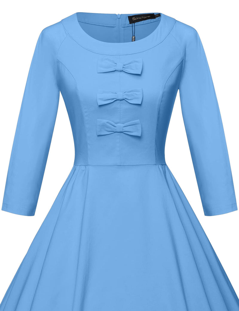 50s Women`s  Lightblue O neckline Front Bowknot Tie Swing Dress With Pockets - Gowntownvintage