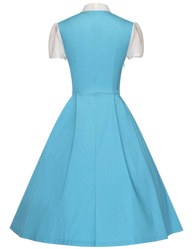 Women`s 1950s  Teal Color Chiffon Short sleeve Fit&Flare Dress With Pockets - Gowntownvintage