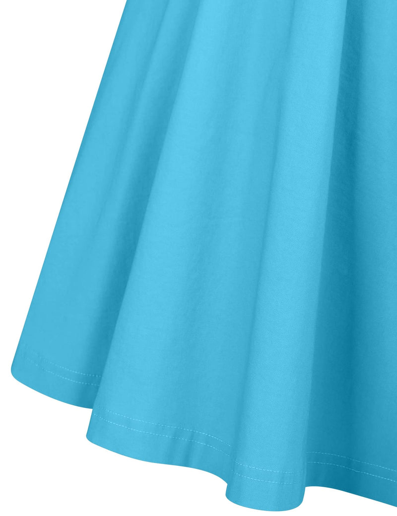 50s Women`s Scoop Collar Skyblue  Dress With Pockets