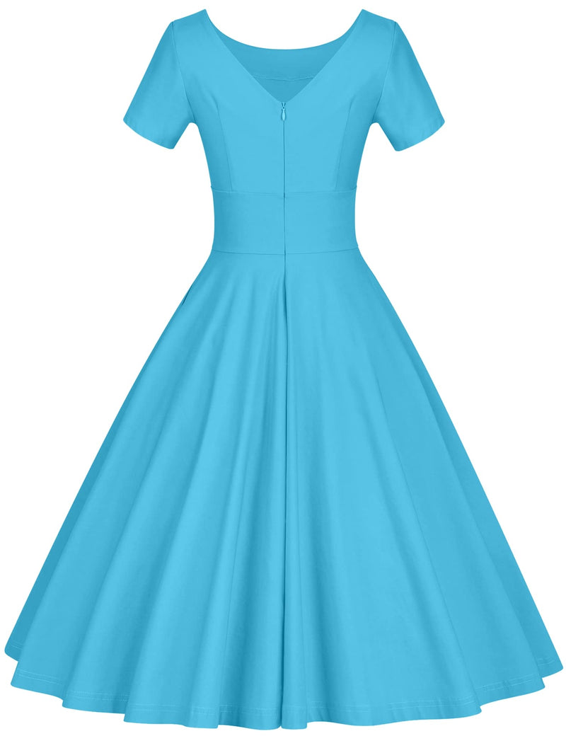 50s Women`s Scoop Collar Skyblue  Dress With Pockets