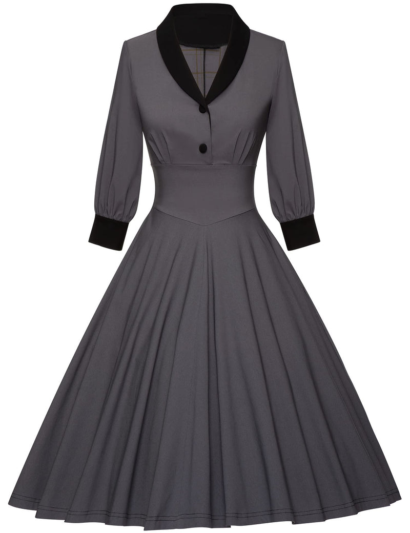 40s Vintage Women`s Gray  Shawl Collar Vneckline Shirtwaist Swing Dress With Pockets - Gowntownvintage