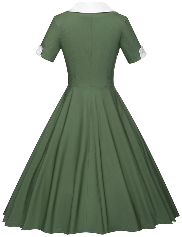 40s 50s Vintage Women`s Armygreen Colar Shawl Collar Vneckline Shirt Dress - Gowntownvintage