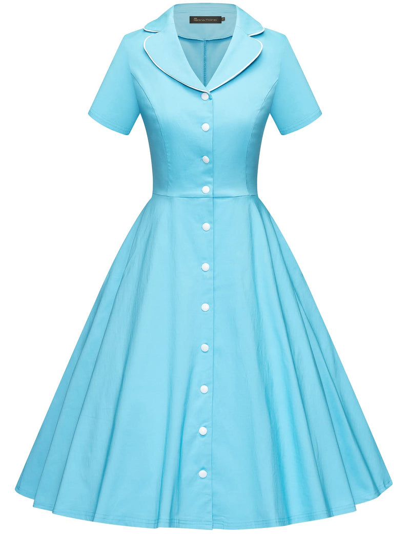 40s Lapel Collar Vneckline Swing Shirt Dress With Pockets