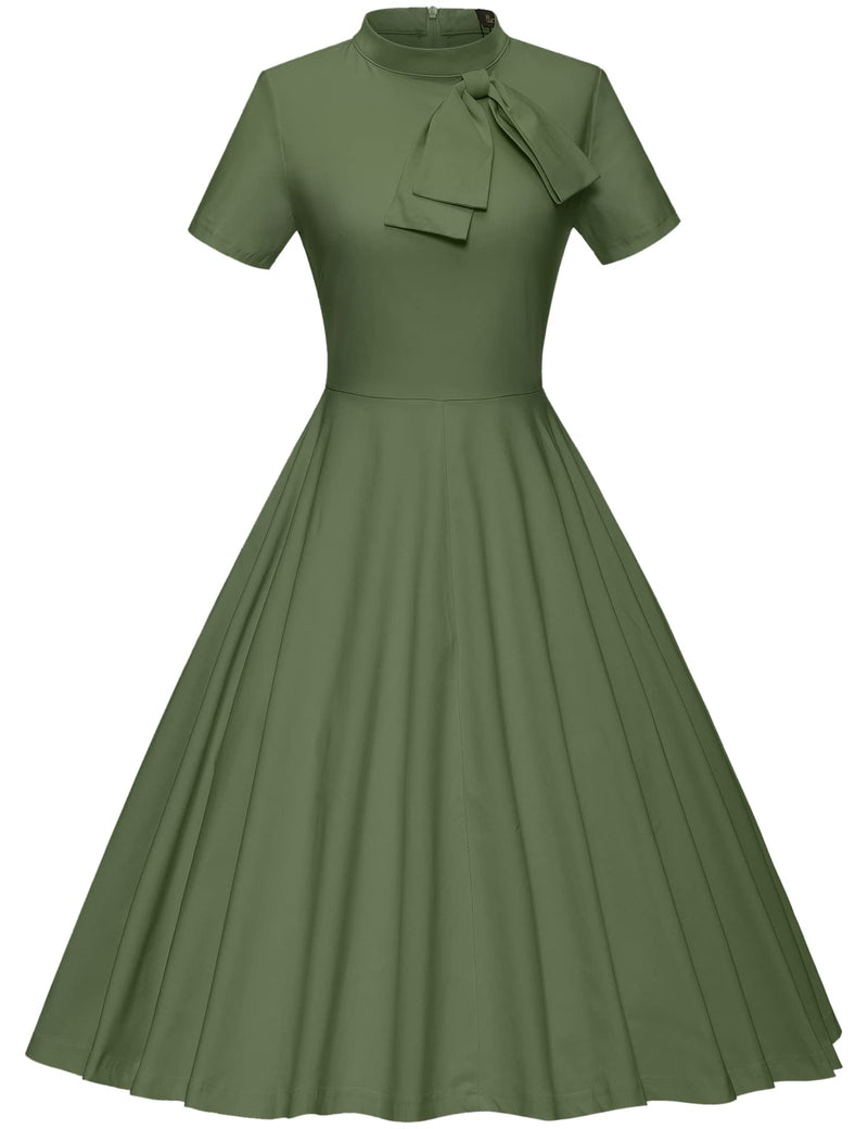 50s high neckline with bowknot deco armygreen swing dress with pockets