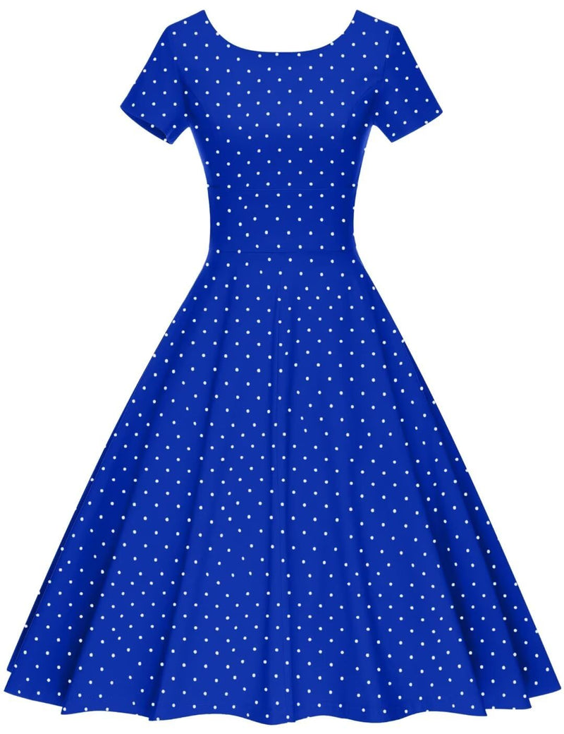 50s Women`s Scoop Collar Audrey Hepburn Style Royal Blue With White Dot Swing Dress With Pockets - Gowntownvintage