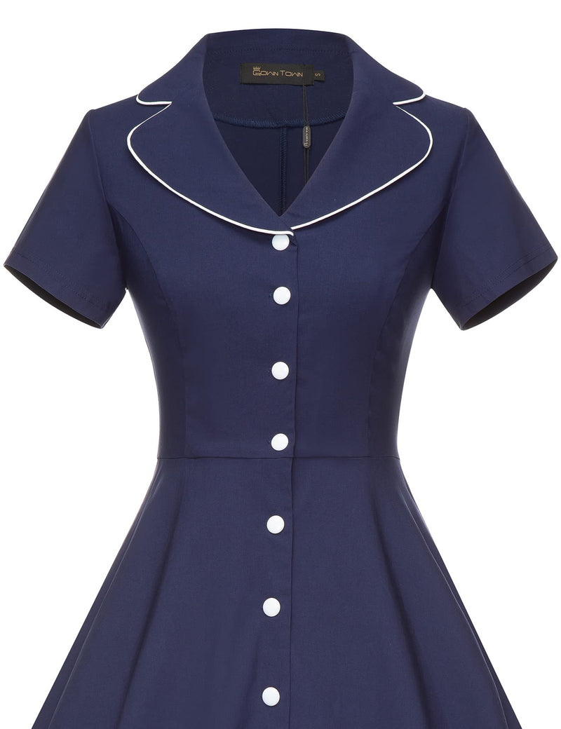 40s 50s Vintage Women`s  Dark Blue Lapel Collar  Vneckline Shirt Dress With Pockets