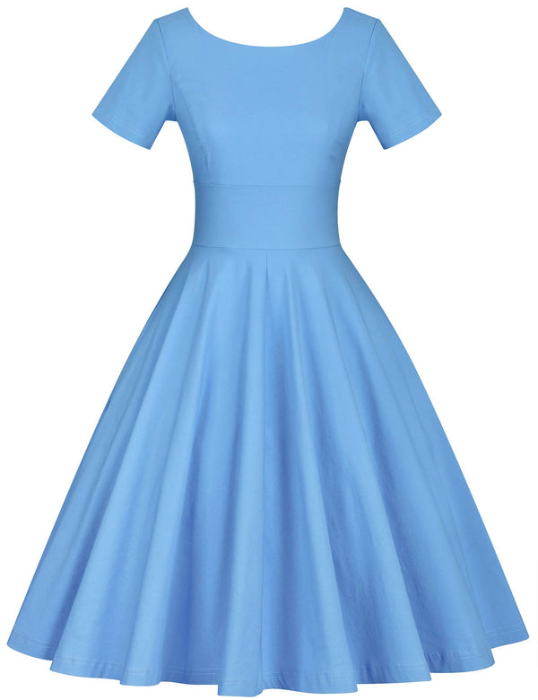 50s lightblue scoop collar swing dress with pockets