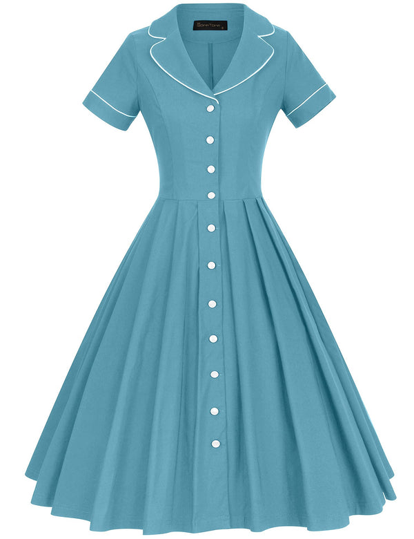 40s 50s Vintage Women`s  Aqua Blue Lapel Collar  Vneckline Shirt Dress With Pockets - Gowntownvintage