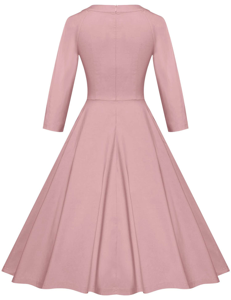 50s Women`s  Pink O neckline Front Bowknot Tie Swing Dress With Pockets - Gowntownvintage